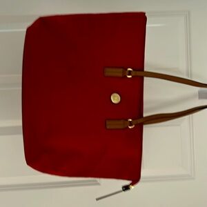Vintage Tommy Hilfiger red nylon small tote with leather straps and bottom